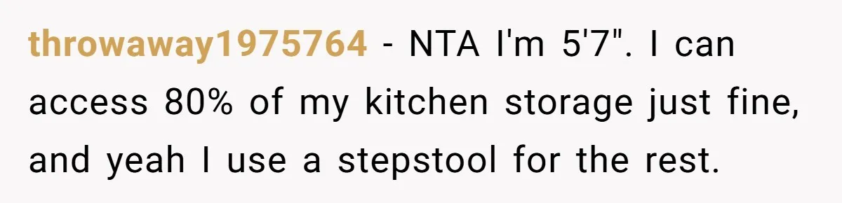 Tall Wife Snaps At Short Mother In Law Over Kitchen Stuffs Rearrangement throwaway1975764 − NTA I'm 5'7". I can access 80% of my kitchen storage just fine, and yeah I use a stepstool for the rest.