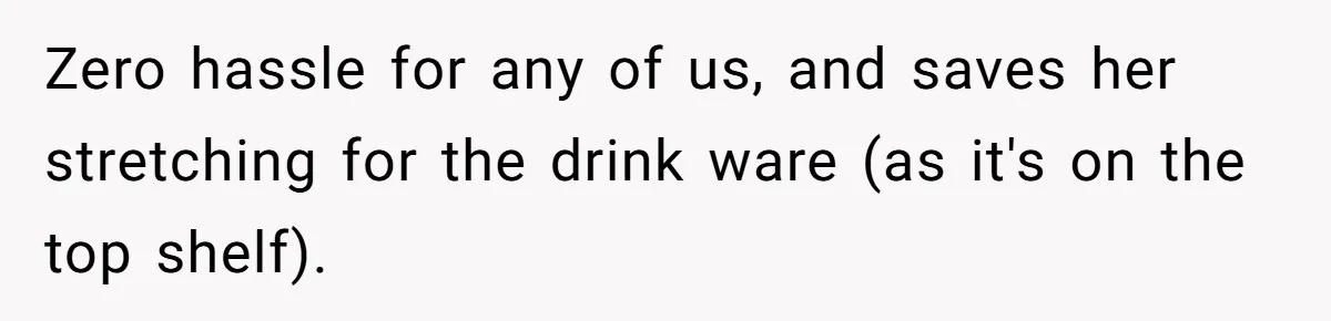 Tall Wife Snaps At Short Mother In Law Over Kitchen Stuffs Rearrangement Zero hassle for any of us, and saves her stretching for the drink ware (as it's on the top shelf).