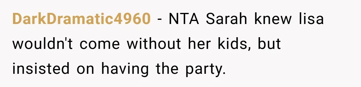 Loyal Friend Throws Surprise Birthday Celebration After Another Ignores Family Boundaries DarkDramatic4960 − NTA Sarah knew lisa wouldn't come without her kids, but insisted on having the party.
