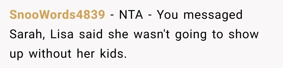 Loyal Friend Throws Surprise Birthday Celebration After Another Ignores Family Boundaries SnooWords4839 − NTA - You messaged Sarah, Lisa said she wasn't going to show up without her kids.