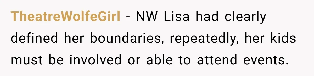 Loyal Friend Throws Surprise Birthday Celebration After Another Ignores Family Boundaries TheatreWolfeGirl − NW Lisa had clearly defined her boundaries, repeatedly, her kids must be involved or able to attend events.