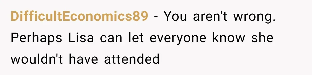 Loyal Friend Throws Surprise Birthday Celebration After Another Ignores Family Boundaries DifficultEconomics89 − You aren't wrong. Perhaps Lisa can let everyone know she wouldn't have attended