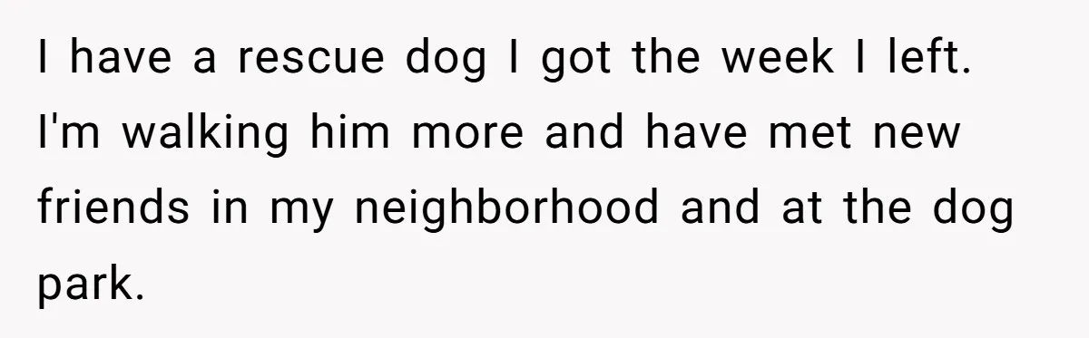 I have a rescue dog I got the week I left. I'm walking him more and have met new friends in my neighborhood and at the dog park.