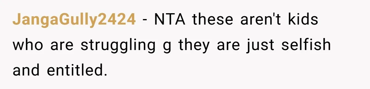 Dad Takes Contract Job To Escape His Grown Kids, Wife Begs For More Money JangaGully2424 − NTA these aren't kids who are struggling g they are just selfish and entitled.