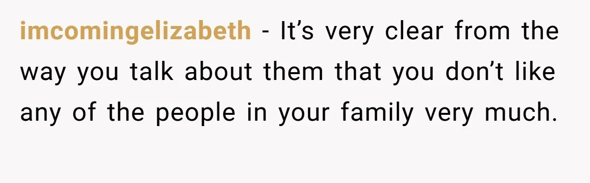 Dad Takes Contract Job To Escape His Grown Kids, Wife Begs For More Money imcomingelizabeth − It’s very clear from the way you talk about them that you don’t like any of the people in your family very much.