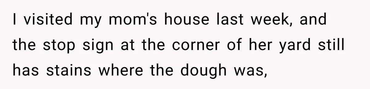I visited my mom's house last week, and the stop sign at the corner of her yard still has stains where the dough was,