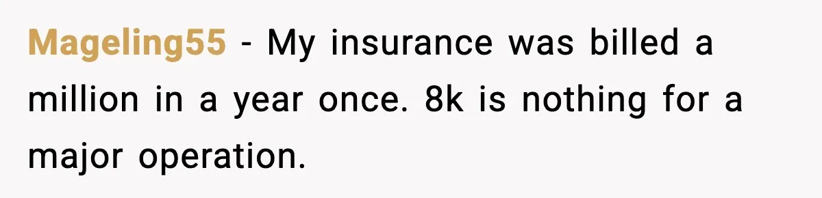 Mageling55 - My insurance was billed a million in a year once. 8k is nothing for a major operation.