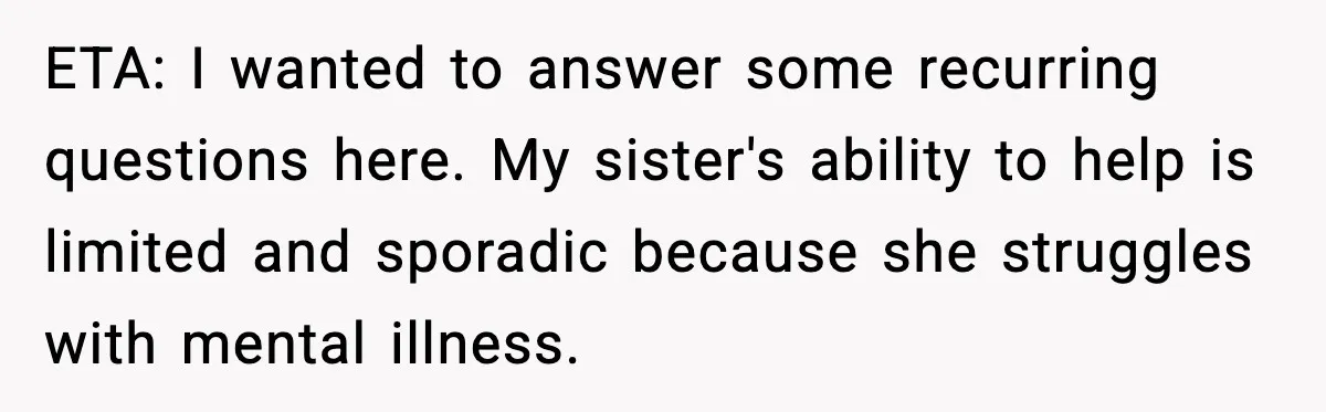 “Am I Abandoning My Mom?” Daughter Faces Backlash Over Tough Choice ETA: I wanted to answer some recurring questions here. My sister's ability to help is limited and sporadic because she struggles with mental illness.