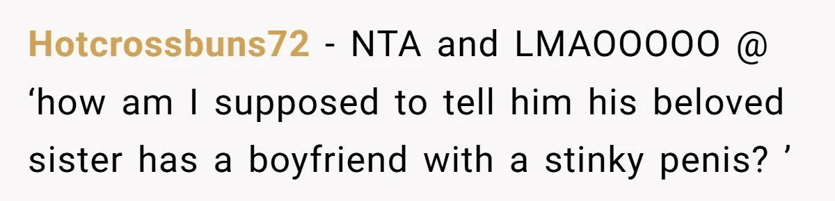 Hotcrossbuns72 − NTA and LMAOOOOO @ ‘how am I supposed to tell him his beloved sister has a boyfriend with a stinky penis? ’