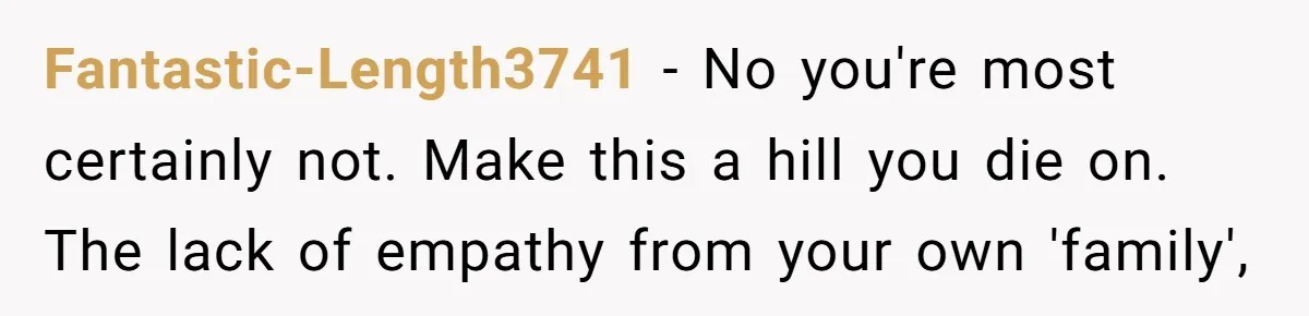 Fantastic-Length3741 − No you're most certainly not. Make this a hill you die on. The lack of empathy from your own 'family',