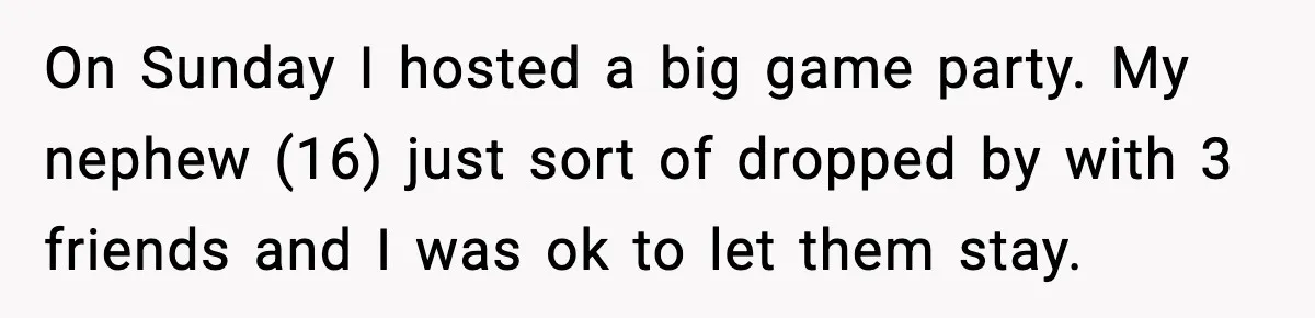 On Sunday I hosted a big game party. My nephew (16) just sort of dropped by with 3 friends and I was ok to let them stay.