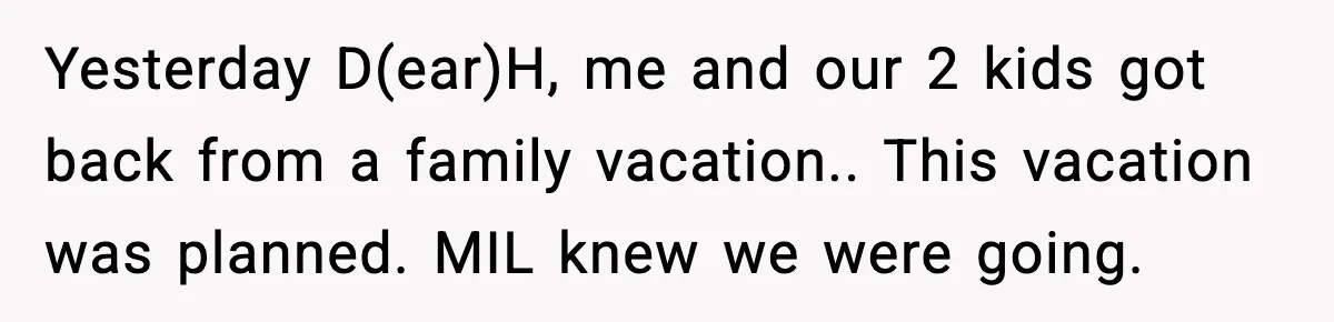Woman Reports Son Missing While He’s on Vacation With Family Yesterday D(ear)H, me and our 2 kids got back from a family vacation.. This vacation was planned. MIL knew we were going.