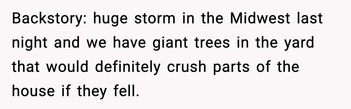 Backstory: huge storm in the Midwest last night and we have giant trees in the yard that would definitely crush parts of the house if they fell.