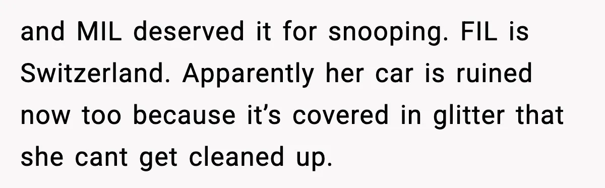 and MIL deserved it for snooping. FIL is Switzerland. Apparently her car is ruined now too because it’s covered in glitter that she cant get cleaned up.