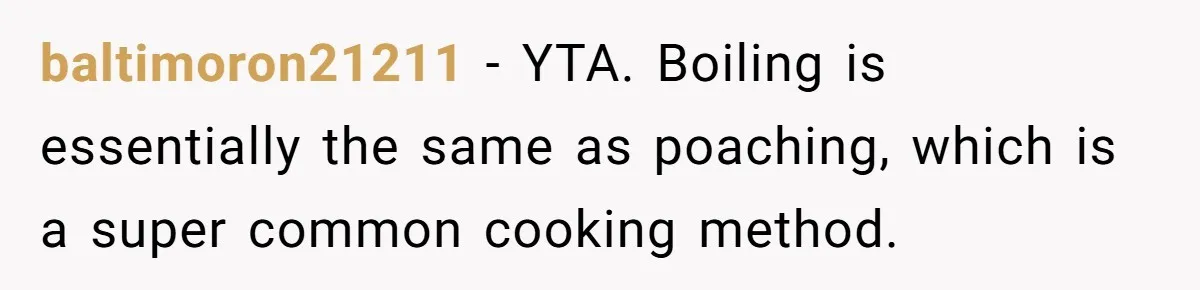 baltimoron21211 − YTA. Boiling is essentially the same as poaching, which is a super common cooking method.