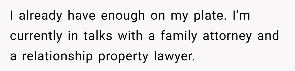 I already have enough on my plate. I’m currently in talks with a family attorney and a relationship property lawyer.