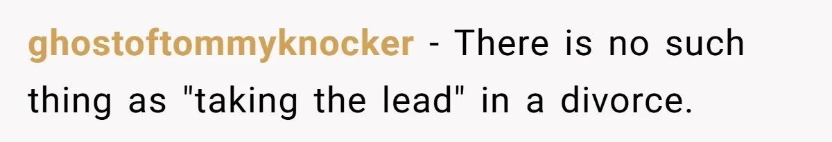 ghostoftommyknocker − There is no such thing as "taking the lead" in a divorce.
