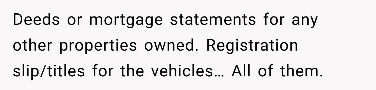 Deeds or mortgage statements for any other properties owned. Registration slip/titles for the vehicles… All of them.