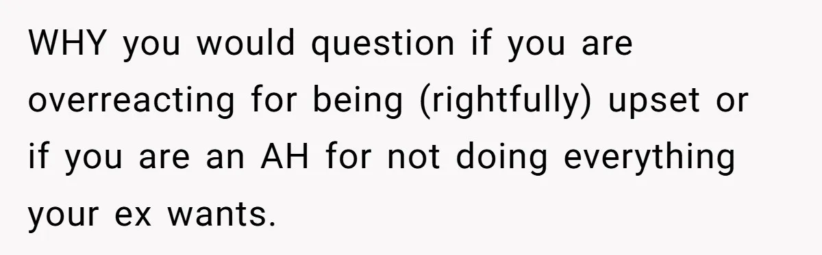 WHY you would question if you are overreacting for being (rightfully) upset or if you are an AH for not doing everything your ex wants.