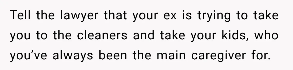 Tell the lawyer that your ex is trying to take you to the cleaners and take your kids, who you’ve always been the main caregiver for.