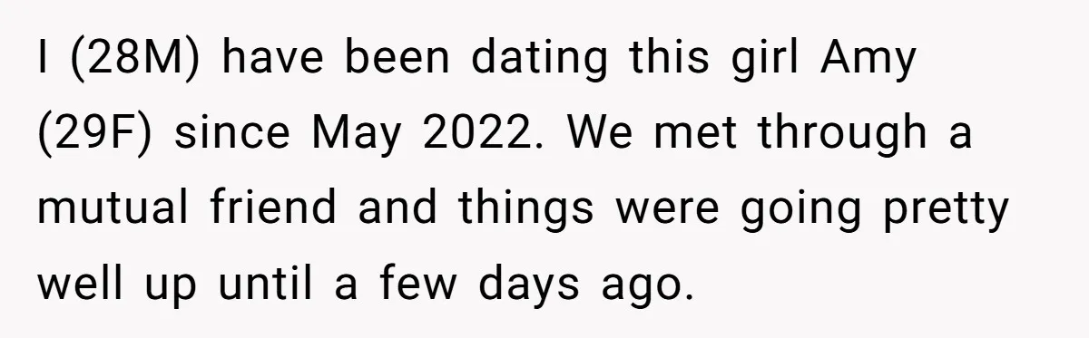 I (28M) have been dating this girl Amy (29F) since May 2022. We met through a mutual friend and things were going pretty well up until a few days ago.
