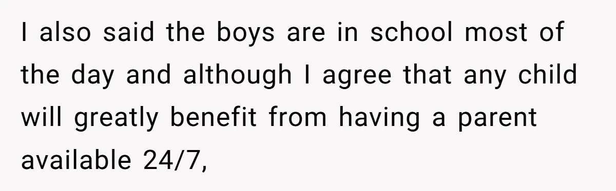 I also said the boys are in school most of the day and although I agree that any child will greatly benefit from having a parent available 24/7,