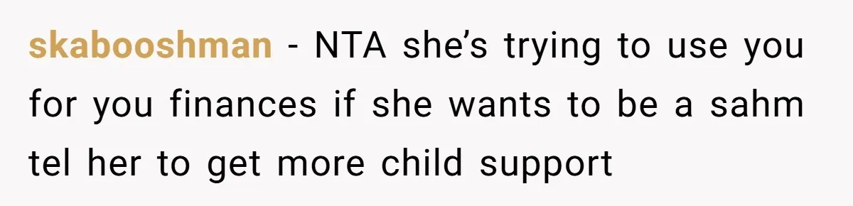 skabooshman − NTA she’s trying to use you for you finances if she wants to be a sahm tel her to get more child support