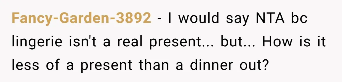 Boyfriend Calls Girlfriend’s Birthday Lingerie ‘Gift For Herself,’ Sparks Huge Fight Fancy-Garden-3892 − I would say NTA bc lingerie isn't a real present... but... How is it less of a present than a dinner out?