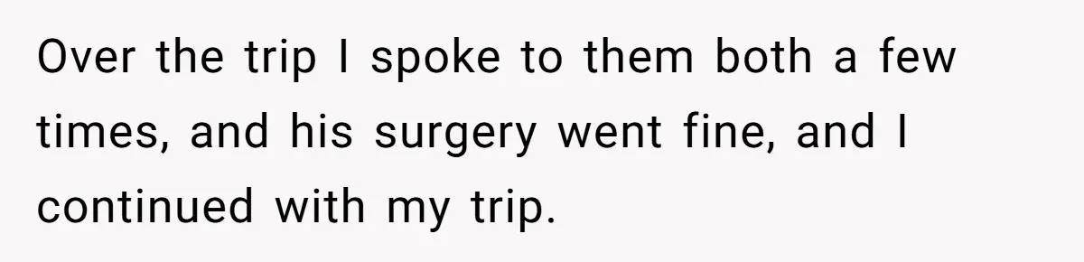 MIL Calls Wife Heartless After She Refuses To Skip Trip For Surgery Over the trip I spoke to them both a few times, and his surgery went fine, and I continued with my trip.