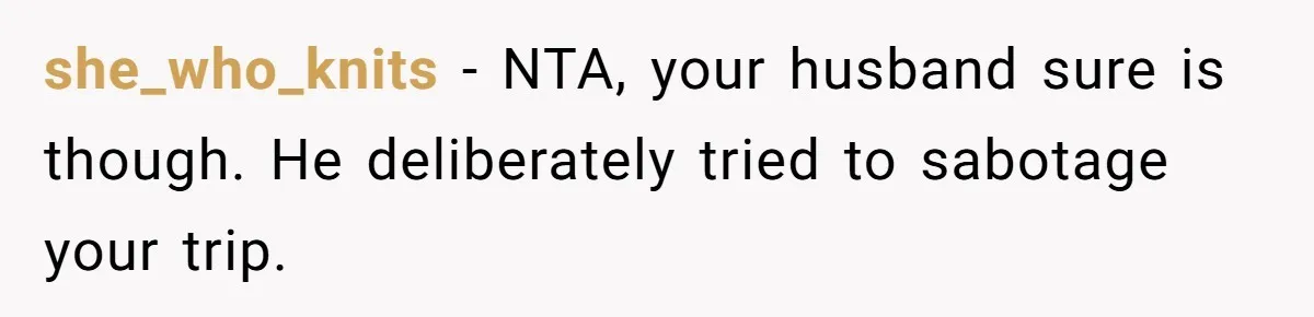 MIL Calls Wife Heartless After She Refuses To Skip Trip For Surgery she_who_knits − NTA, your husband sure is though. He deliberately tried to sabotage your trip.