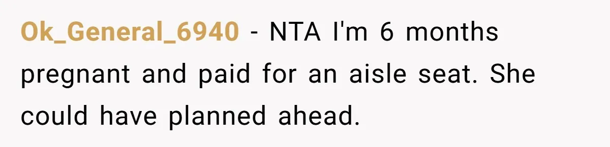 Man Refuses To Give Up Paid Seat, Pregnant Passenger Calls Him Out Ok_General_6940 − NTA I'm 6 months pregnant and paid for an aisle seat. She could have planned ahead.