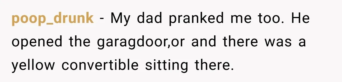 Stepfather’s Birthday Party Turns Ugly When A Promised Dream Gift Takes An Unexpected Twist poop_drunk − My dad pranked me too. He opened the garagdoor,or and there was a yellow convertible sitting there.