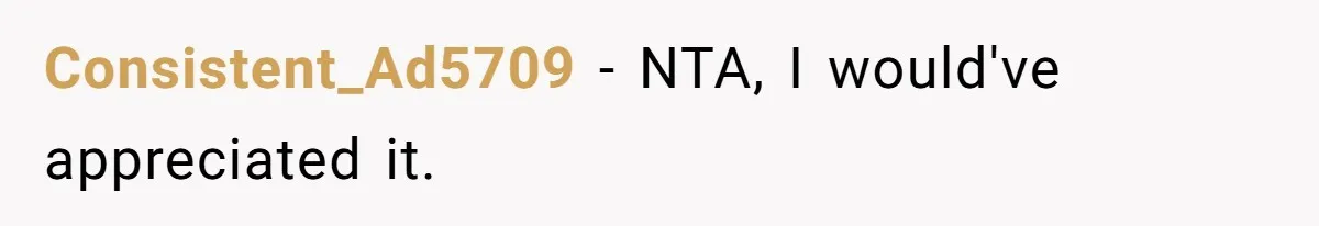 Consistent_Ad5709 − NTA, I would've appreciated it.