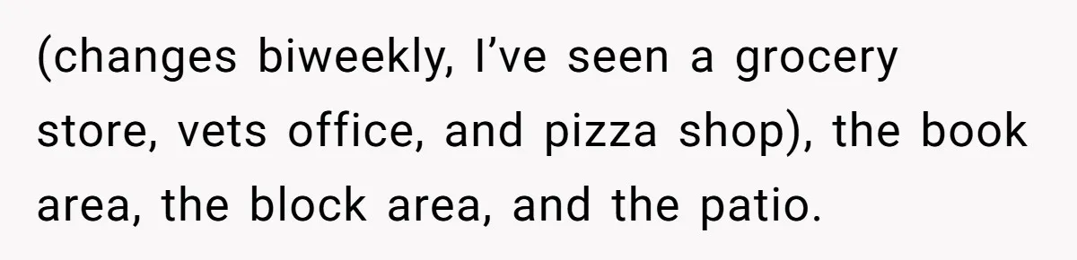 (changes biweekly, I’ve seen a grocery store, vets office, and pizza shop), the book area, the block area, and the patio.