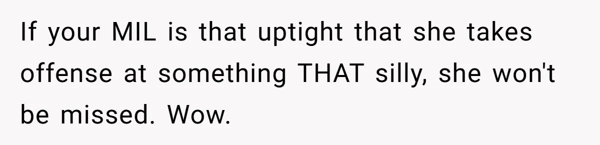 If your MIL is that uptight that she takes offense at something THAT silly, she won't be missed. Wow.