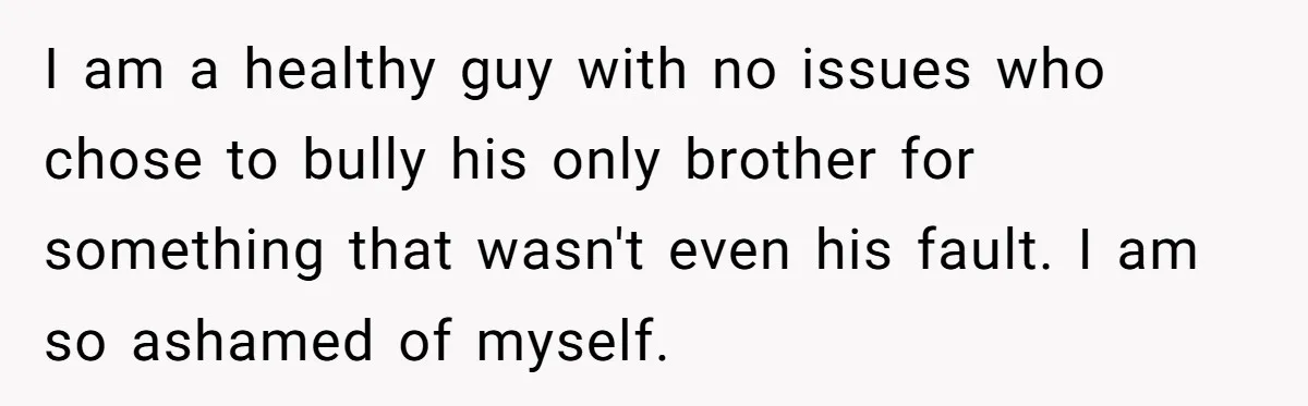 I am a healthy guy with no issues who chose to bully his only brother for something that wasn't even his fault. I am so ashamed of myself.