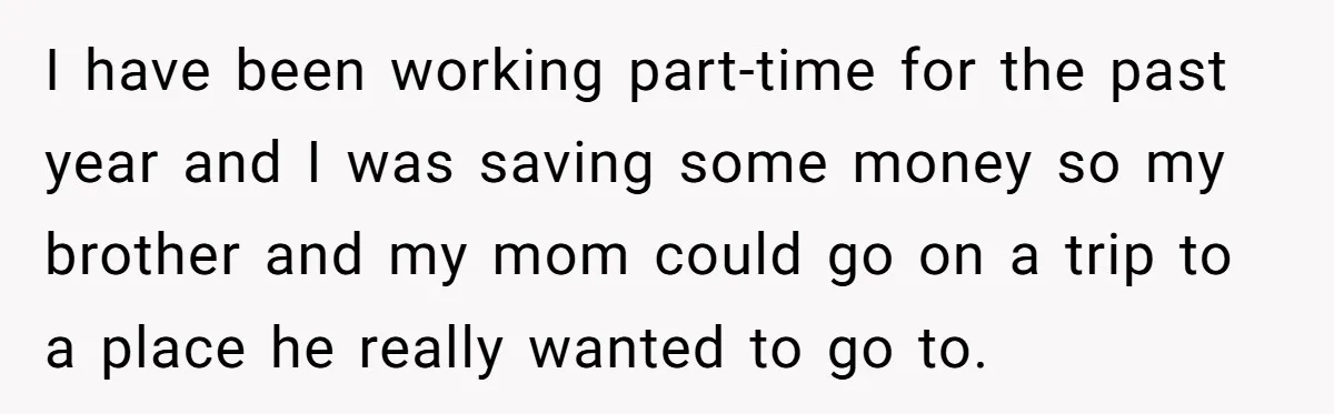 I have been working part-time for the past year and I was saving some money so my brother and my mom could go on a trip to a place he...