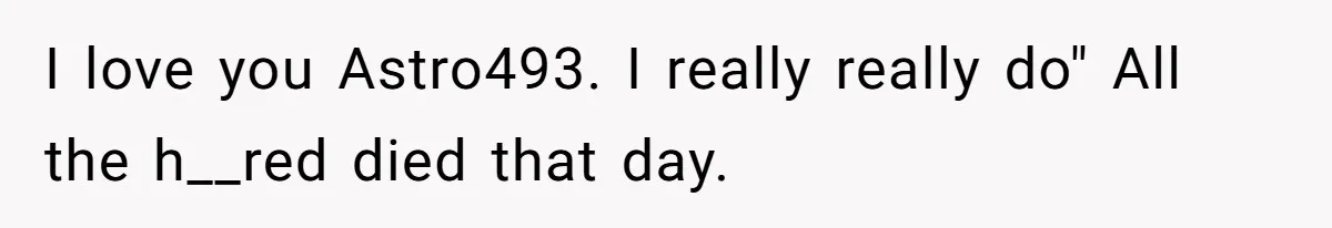 I love you Astro493. I really really do" All the h__red died that day.