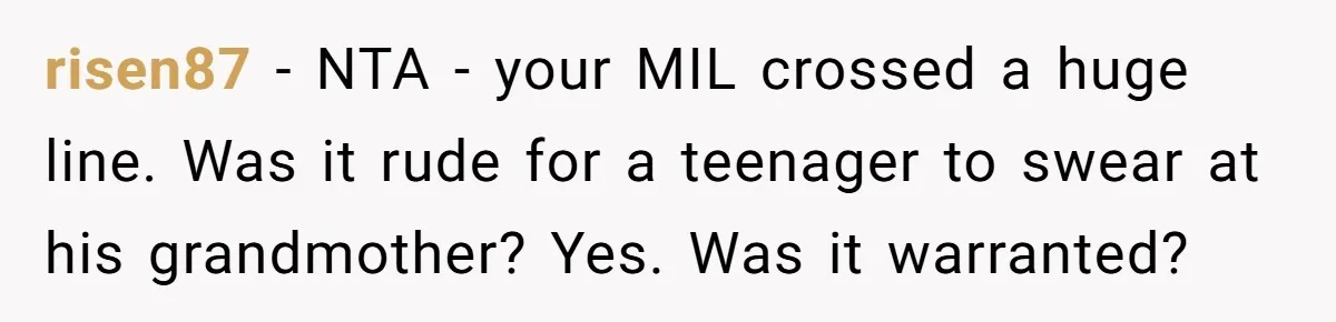 Grandma’s “Harmless Test” Backfires When Teen Calls Her Out And Dad Takes His Side risen87 − NTA - your MIL crossed a huge line. Was it rude for a teenager to swear at his grandmother? Yes. Was it warranted?