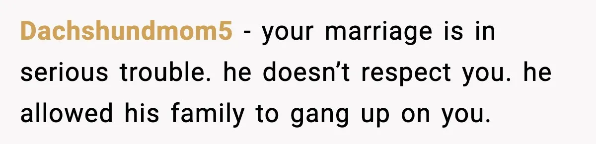 Dachshundmom5 - your marriage is in serious trouble. he doesn’t respect you. he allowed his family to gang up on you.