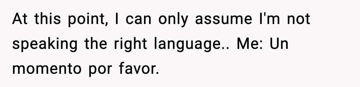 At this point, I can only assume I'm not speaking the right language.. Me: Un momento por favor.