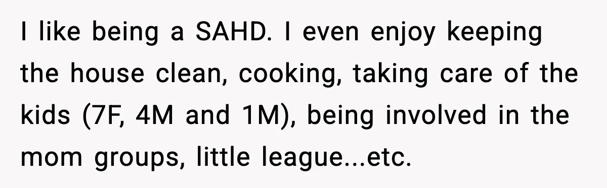 Family Dinner Turns Awkward After Man Exposes Brother’s Hypocrisy I like being a SAHD. I even enjoy keeping the house clean, cooking, taking care of the kids (7F, 4M and 1M), being involved in the mom groups, little league...etc.