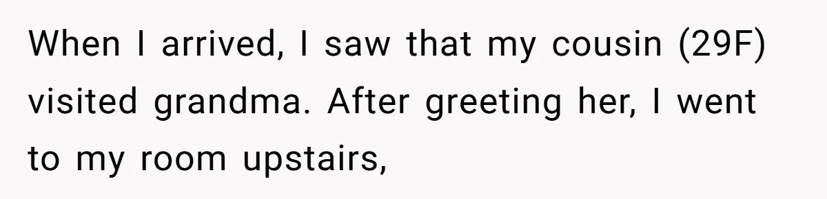 When I arrived, I saw that my cousin (29F) visited grandma. After greeting her, I went to my room upstairs,