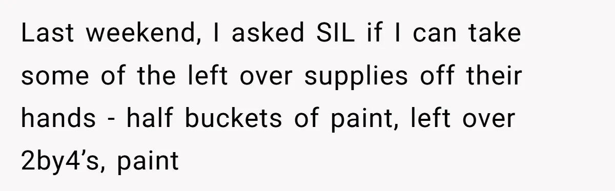 Family Drama Over $50 of Leftover Paint After Thousands Spent on Niblings Last weekend, I asked SIL if I can take some of the left over supplies off their hands - half buckets of paint, left over 2by4’s, paint