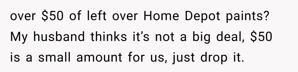 Family Drama Over $50 of Leftover Paint After Thousands Spent on Niblings over $50 of left over Home Depot paints? My husband thinks it’s not a big deal, $50 is a small amount for us, just drop it.