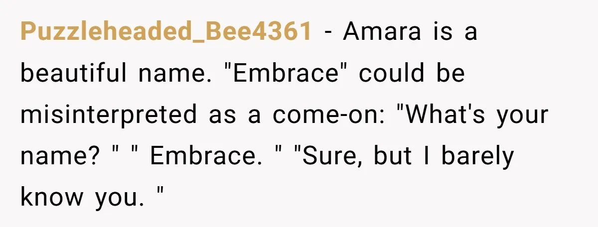 Puzzleheaded_Bee4361 − Amara is a beautiful name. "Embrace" could be misinterpreted as a come-on: "What's your name? " " Embrace. " "Sure, but I barely know you. "