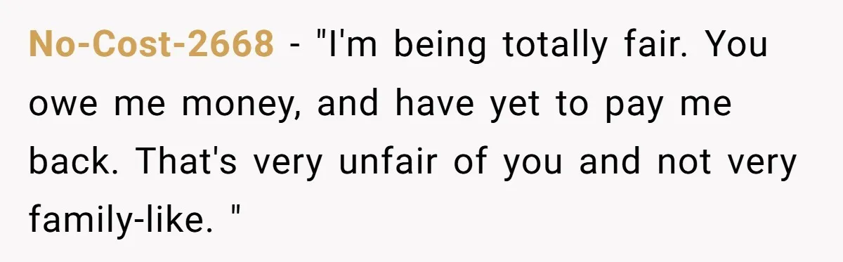 No-Cost-2668 − "I'm being totally fair. You owe me money, and have yet to pay me back. That's very unfair of you and not very family-like. "