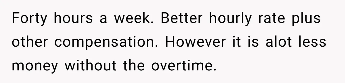Forty hours a week. Better hourly rate plus other compensation. However it is alot less money without the overtime.
