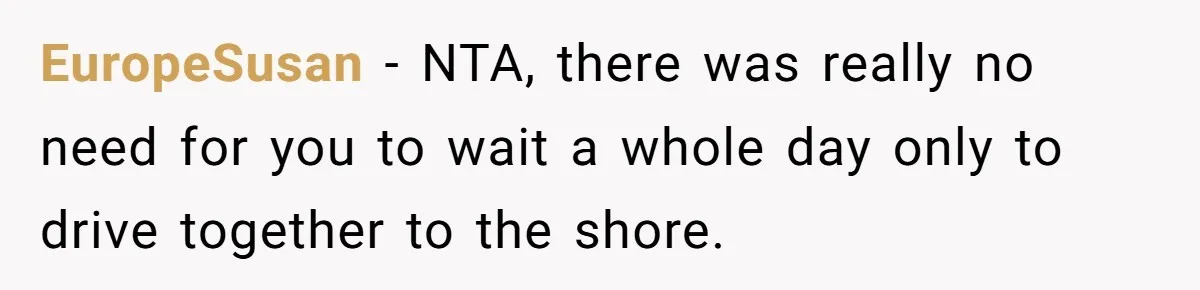 A 4th of July Beach Trip Ends a Six-Year Relationship After One Disagreement EuropeSusan − NTA, there was really no need for you to wait a whole day only to drive together to the shore.