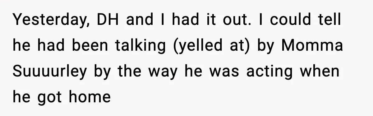 Yesterday, DH and I had it out. I could tell he had been talking (yelled at) by Momma Suuuurley by the way he was acting when he got home